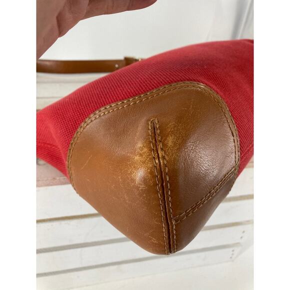 MICHAEL KORS, LARGE RED CANVAS, BROWN LEATHER SHOULDER BAG - Picture 10 of 16